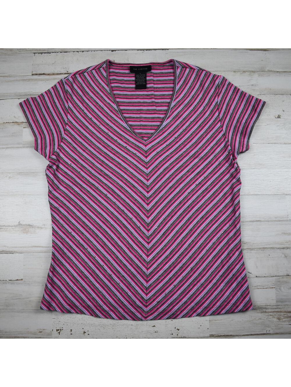 Vintage The Limited Top Women's Large Slim Fit Pink Striped Rhinestone Y2k 90s